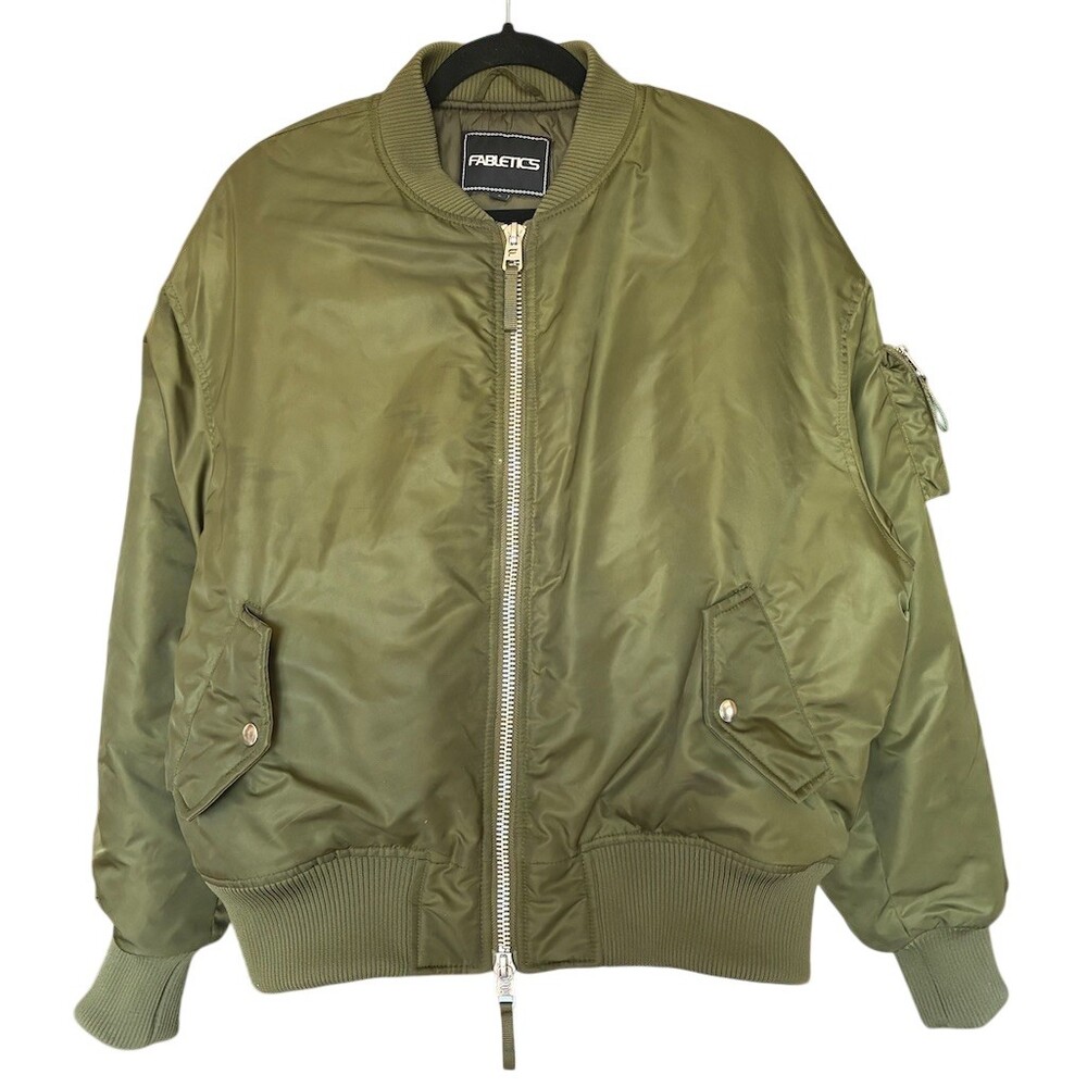 Fabletics Bomber Jacket Womens Size L Olive Green Full Zip Oversized